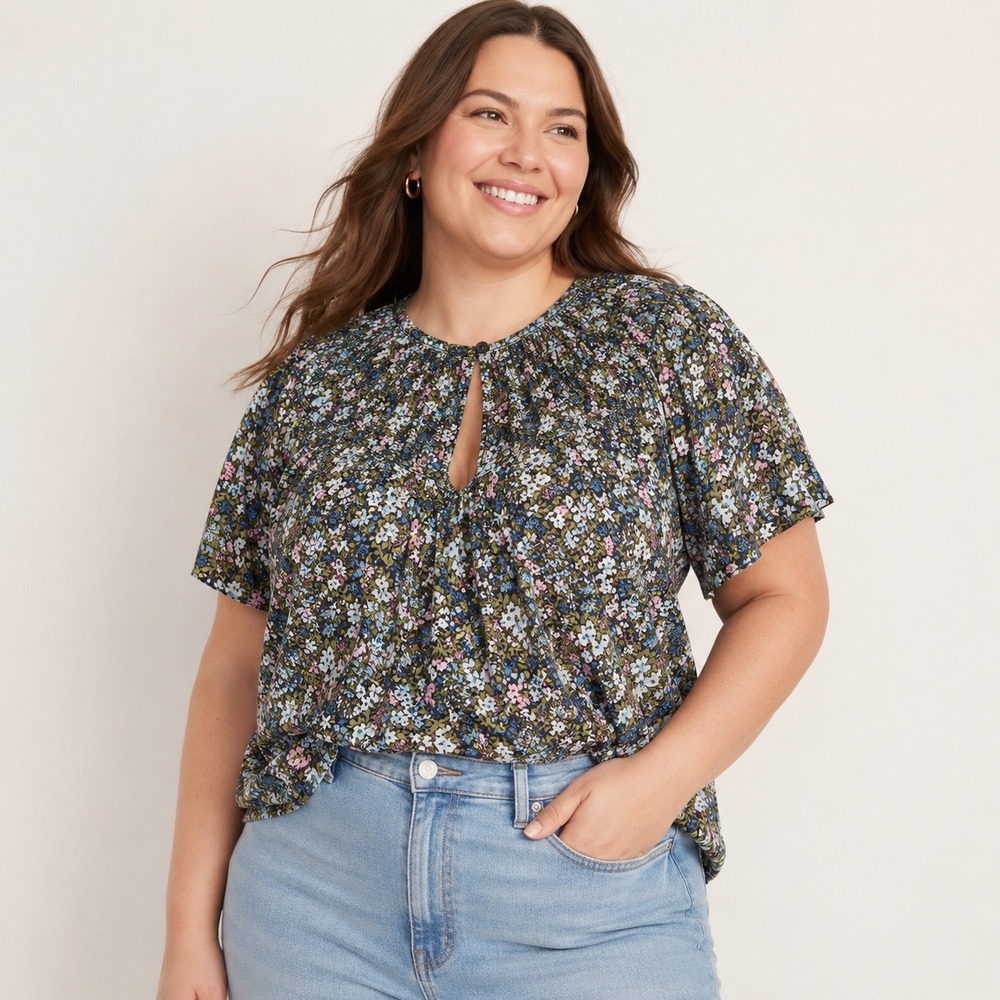 Old Navy Floral Blouse Short Sleeve Keyhole XXL Cotton Boho Garden Summer Top